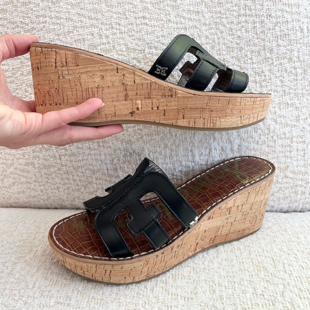 Sam Edelman Regis Black Leather Cork Wedge Sandals size 7